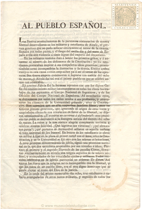 Bando al pueblo español relativo a la restauración de la libertad y la Constitución por los militares y estudiantes de Alcalá 1820