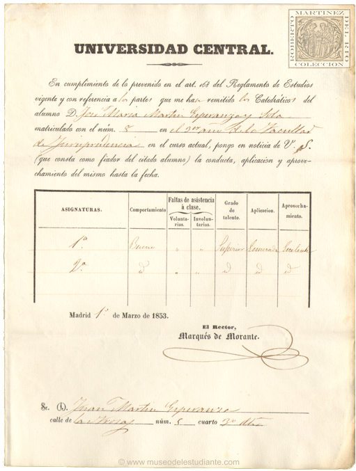 Calificaciones acadmicas de un alumno de la Universidad Central