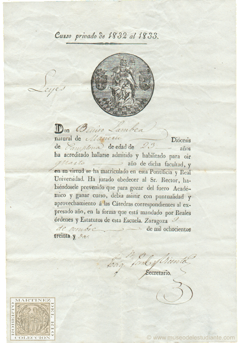 Certificate of registration at the University of Zaragoza
