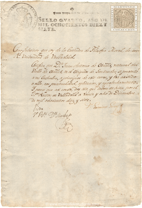 Certificado de asistencia, aplicación y aprovechamiento de un de un estudiante de la Universidad de Valladolid 1817