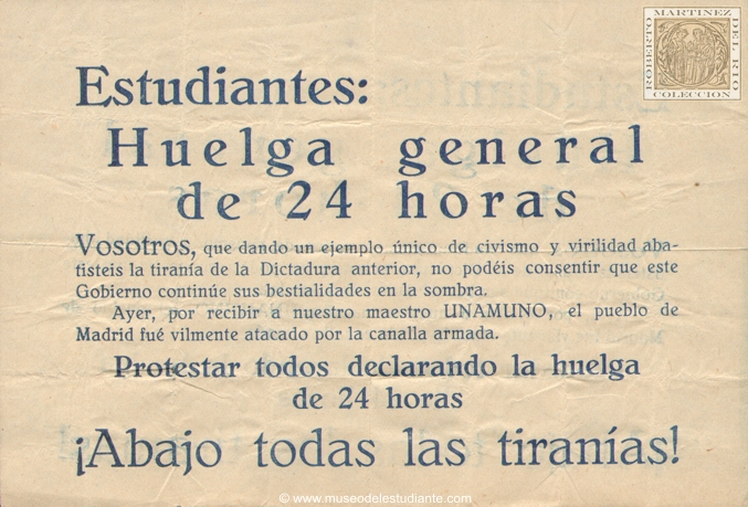 Call for general strike because of crowd disturbances at the reception to Don Miguel de Unamuno