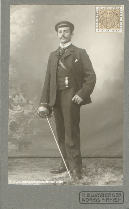 A German university student brandishing his sword (Korbschlger or Korb)