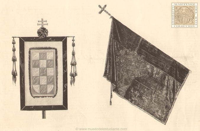 Emblems of the student demonstration in Madrid. The standard of the Cardinal Cisneros. Antique Flag of the University of Salamanca