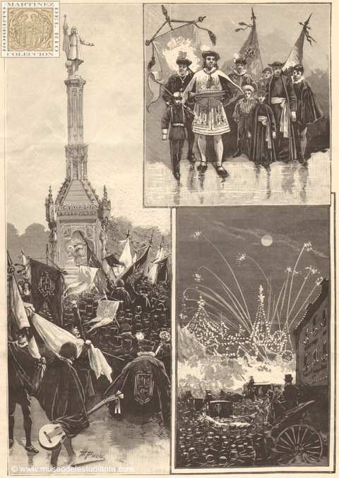 Celebrations of the Centenary in Madrid. The demonstration of the students before the Columbus Monument