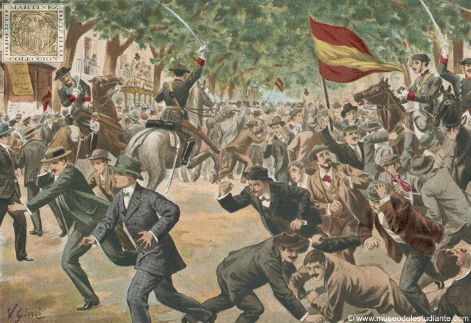 Manifestation of the students at Barcelona, inciting war with United States