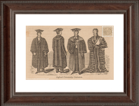 Oxford University costumes 1. Scholar, 2. Commoner, 3. Doctor of Divinity in his dress gown, 4. Chancellor of Oxford University in his dress robe