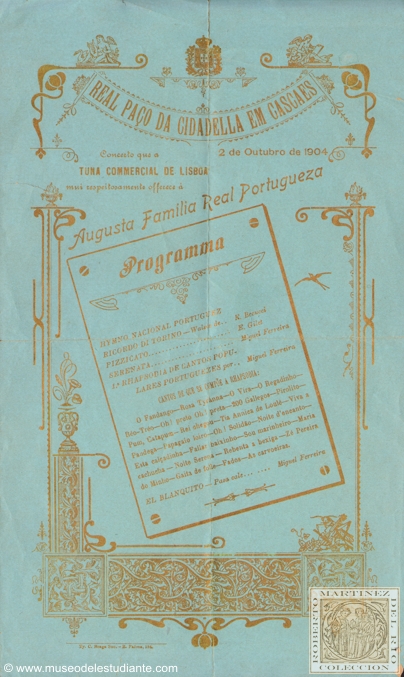 Tuna Commercial of Lisbon concert program offered to the Portuguese Royal Family