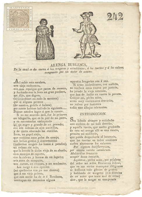 Arenga burlesca, En la cual se zurra  las mugeres y estudiantes,  los tuertos y  los calvos; compuesto por un dotor de secano