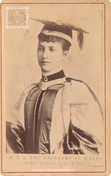 Alexandra of Denmark, when she held the title of Princess of Wales, dressed in robes on the occasion of her receiving a Doctorate of Music from Trinity College Dublin
