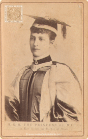 Alexandra of Denmark, when she held the title of Princess of Wales, dressed in robes on the occasion of her receiving a Doctorate of Music from Trinity College Dublin