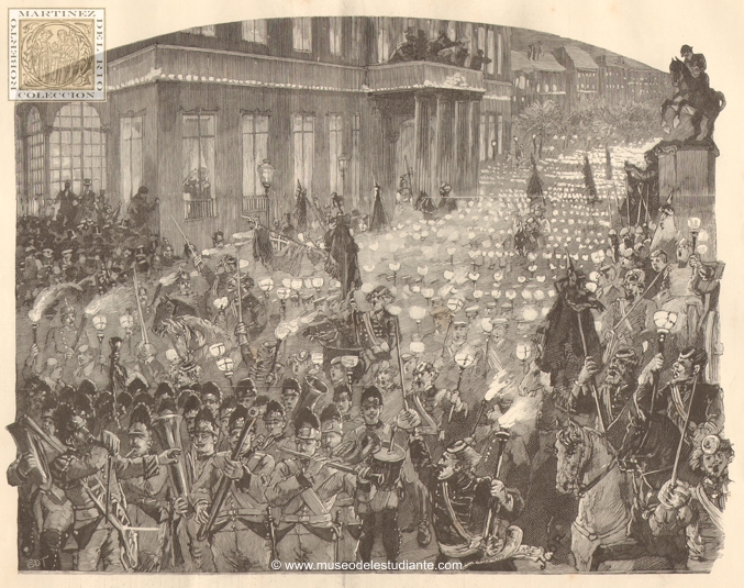 El nonagsimo aniversario del Emperador de Alemania. La marcha de las antorchas de los estudiantes pasando por delante de la ventana del soberano