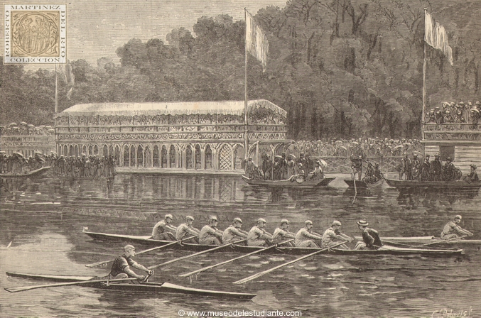 Boat race on Tamesis, between the champions of Oxford and Cambridge. The arrival